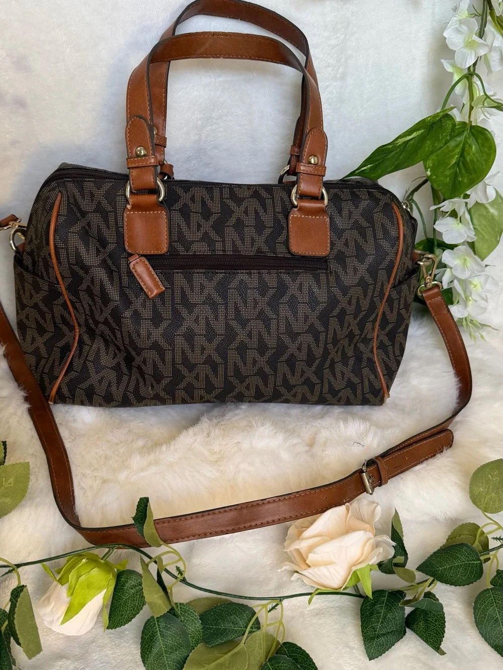 NX Noble Exchange Brown Monogram Large Satchel Shoulder Crossbody Bag